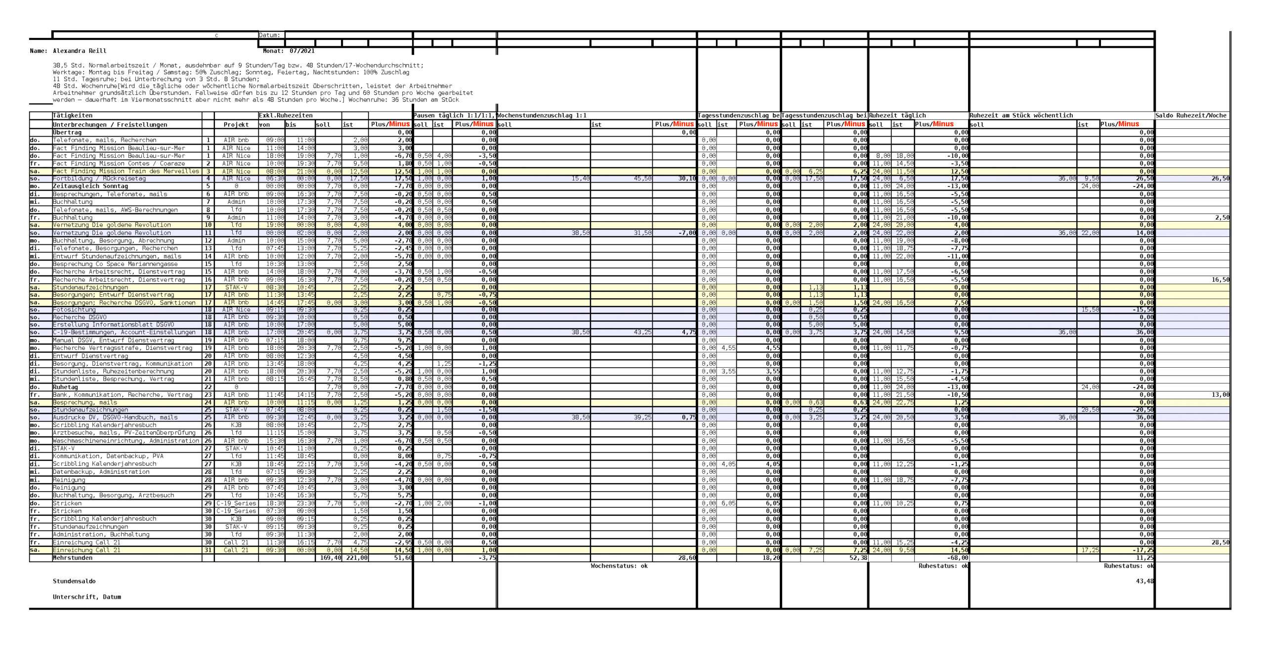 alexandra reill: an artist's work record in units of 15 minutes. .xls paper object, 2021-2022. sheet sample